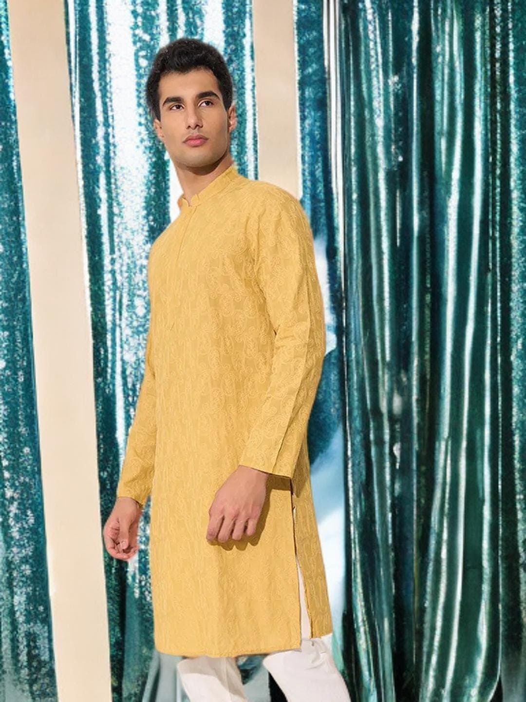 Wedding Guest Kurta | Mustard Embroidered Men's Kurta - image 3
