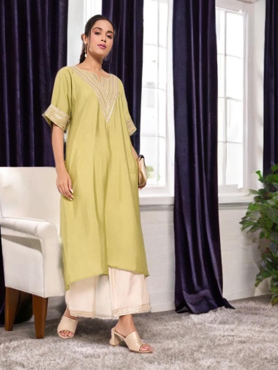 Green Kurta Flared Sleeves Indian Wedding Outfit - image 3