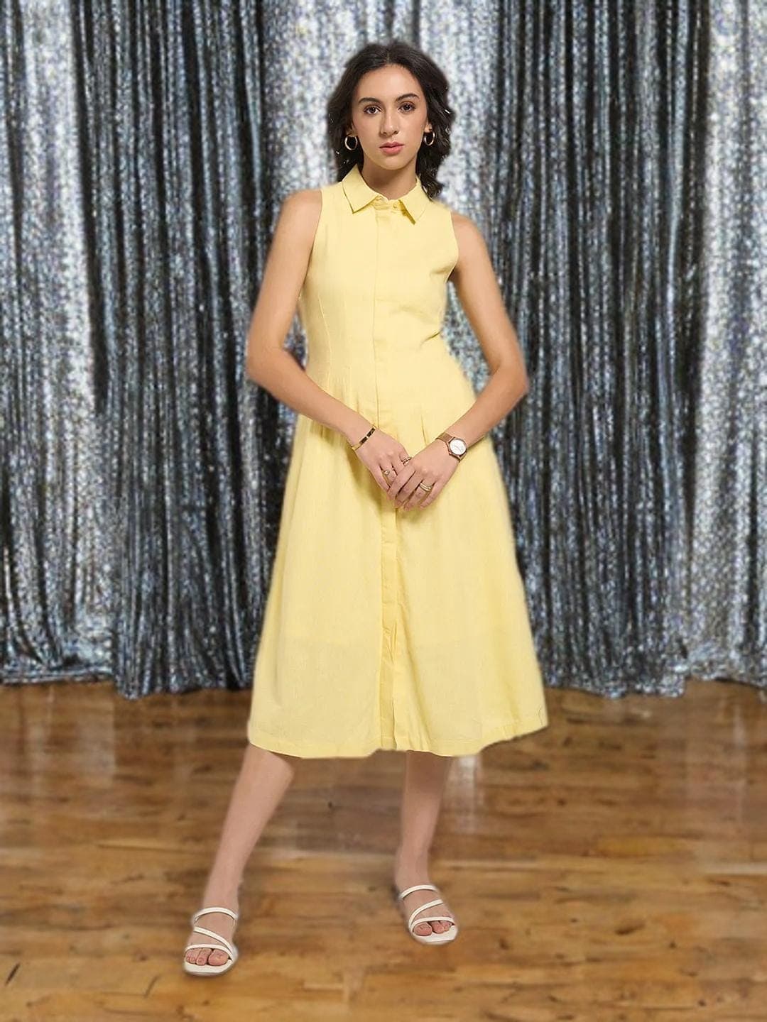 Yellow Midi Dress Linen Blend Formal Wear
