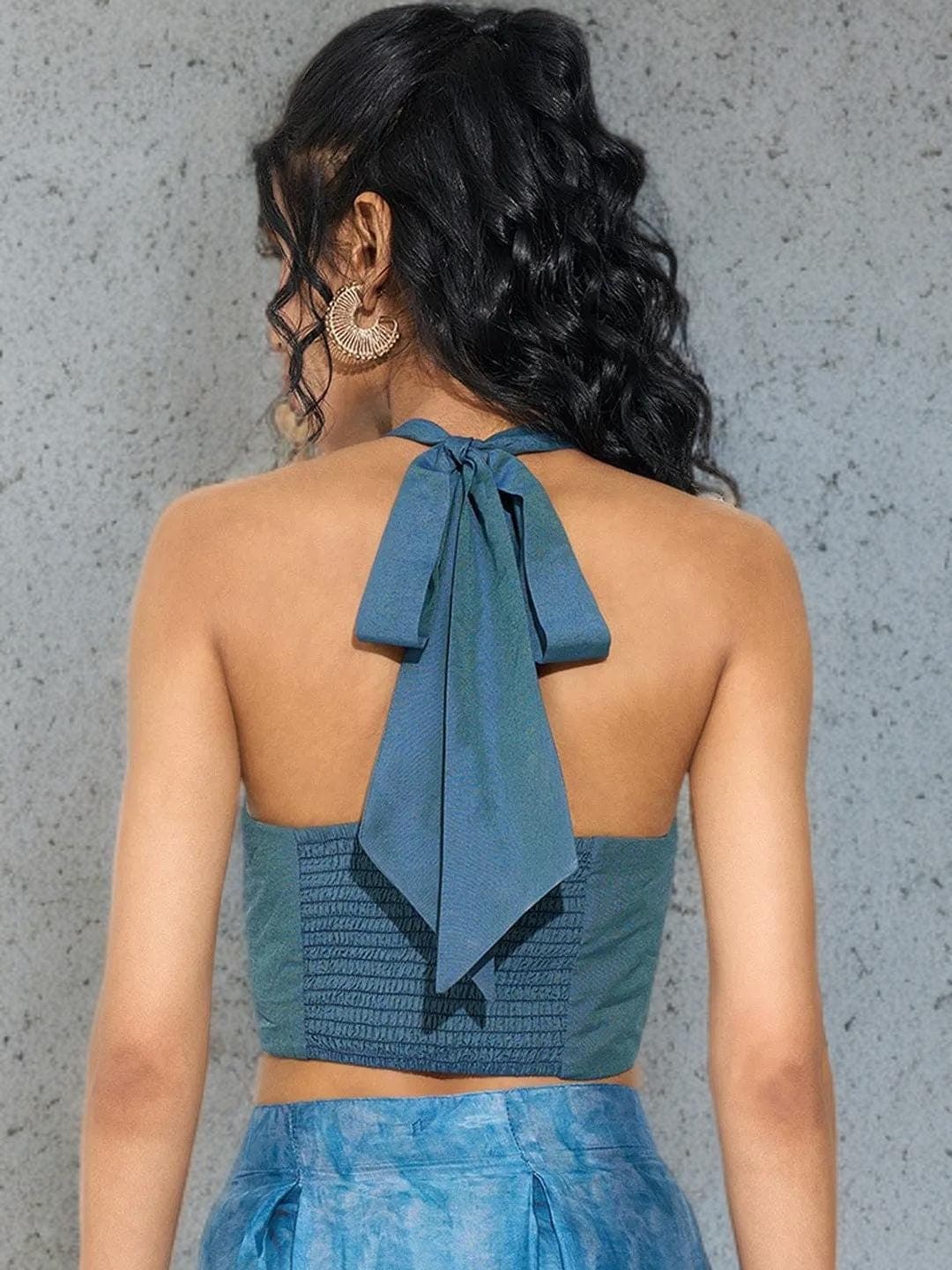 Blue Smocked Halter Crop Top, Ethnic Embroidery Mirror Work Blouse - image 5