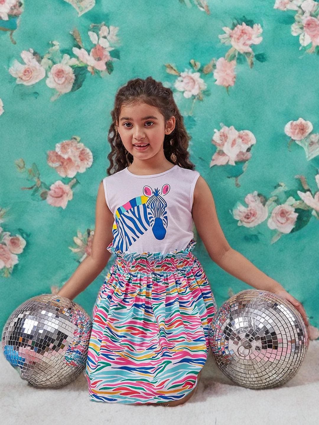 Girls Fit & Flare Dress | Blue Green Print Party Wear
