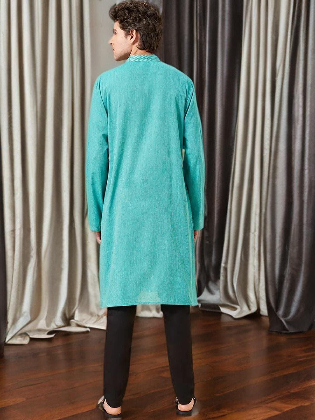 Green Kurta Mens Cotton Thread Work Tunic - image 3