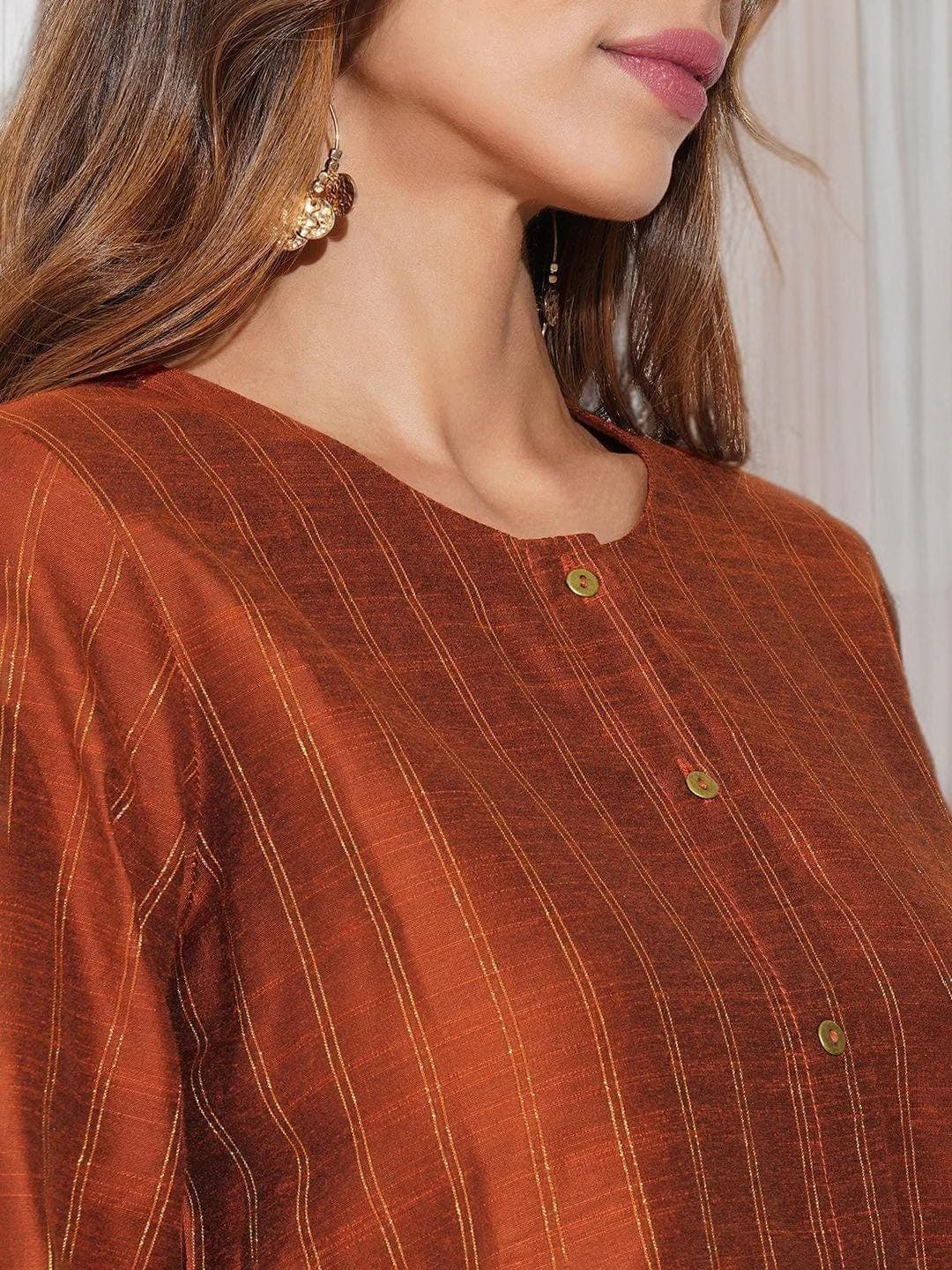 Rust Striped Kurta Indian Traditional Wear - image 4
