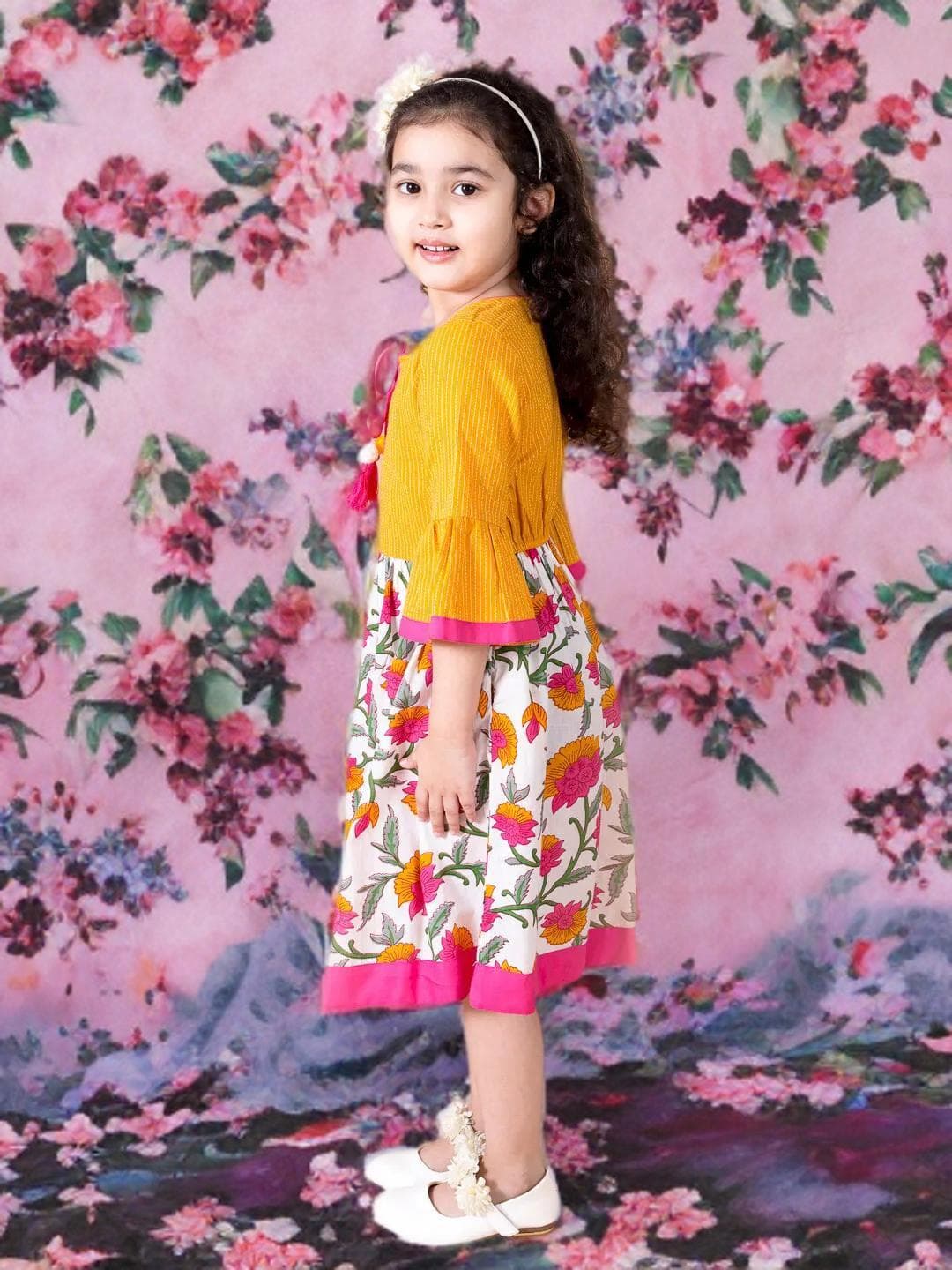 Girls Yellow Floral Dress | Tie Up Neck Cotton Fit Flare - image 4
