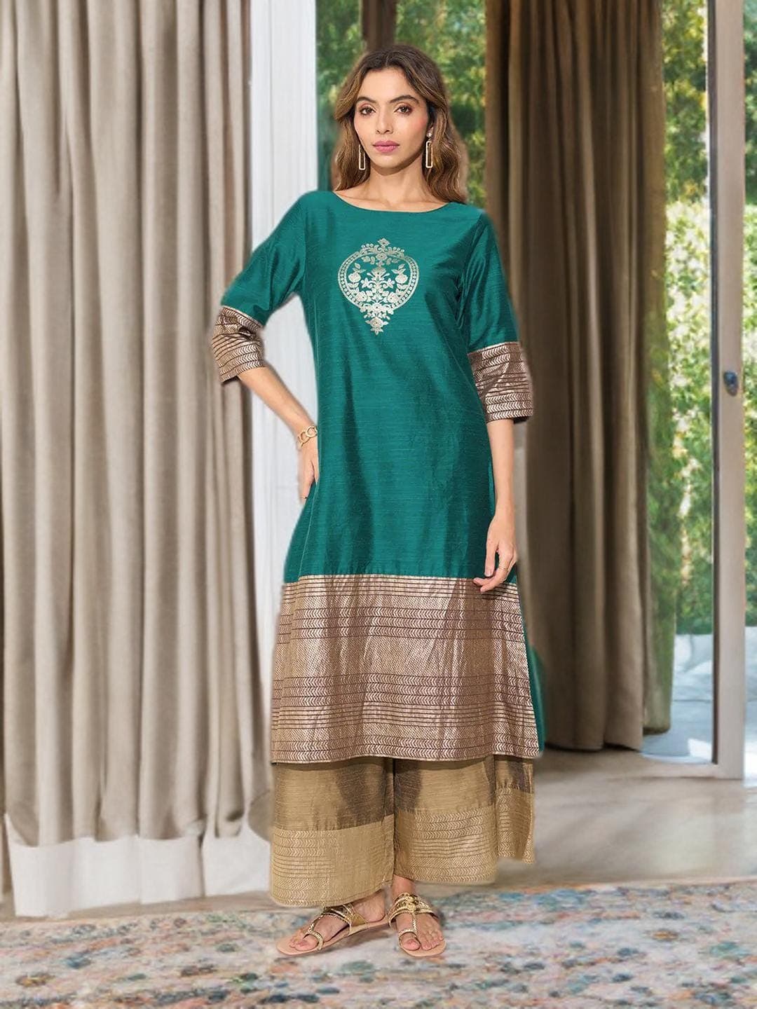 Green Kurta Woven Design Indian Ethnic Wear - image 5