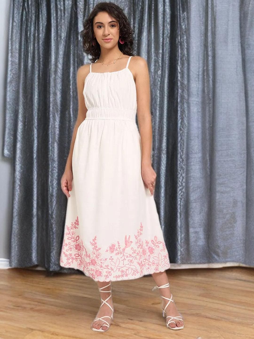 Pink Floral Dress Cotton Midi Wedding Guest