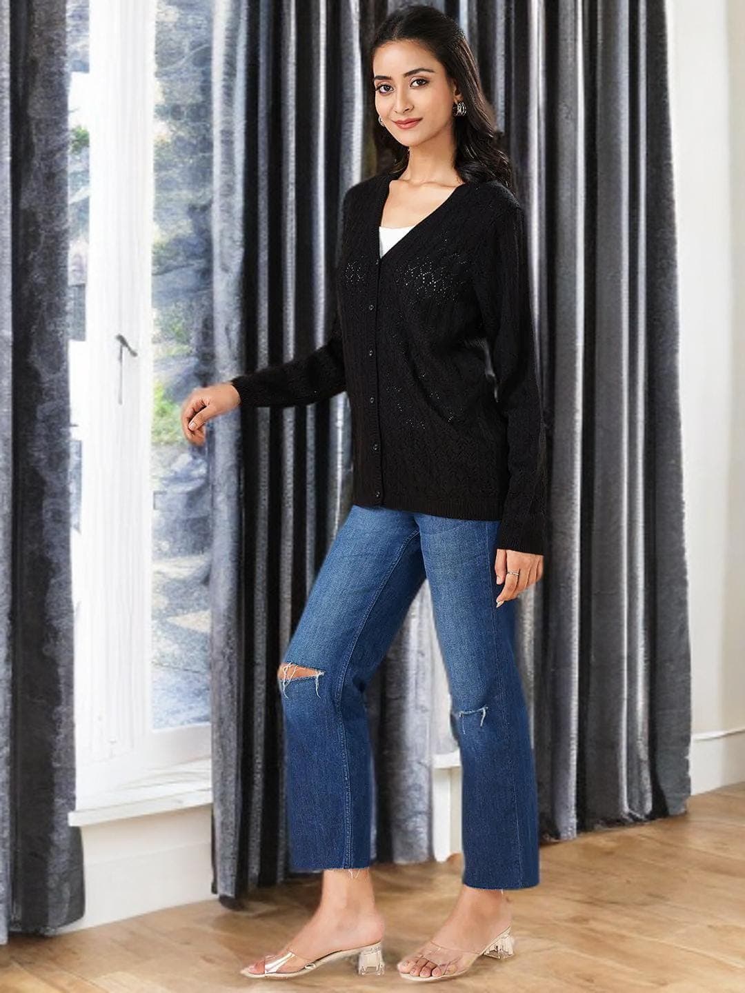 Black Cardigan Button Down Womens Knitwear Wrap - image 5