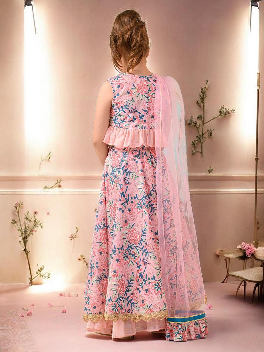 Girls Lehenga Set | Pink Blue Cotton V Neck Scarf - image 5