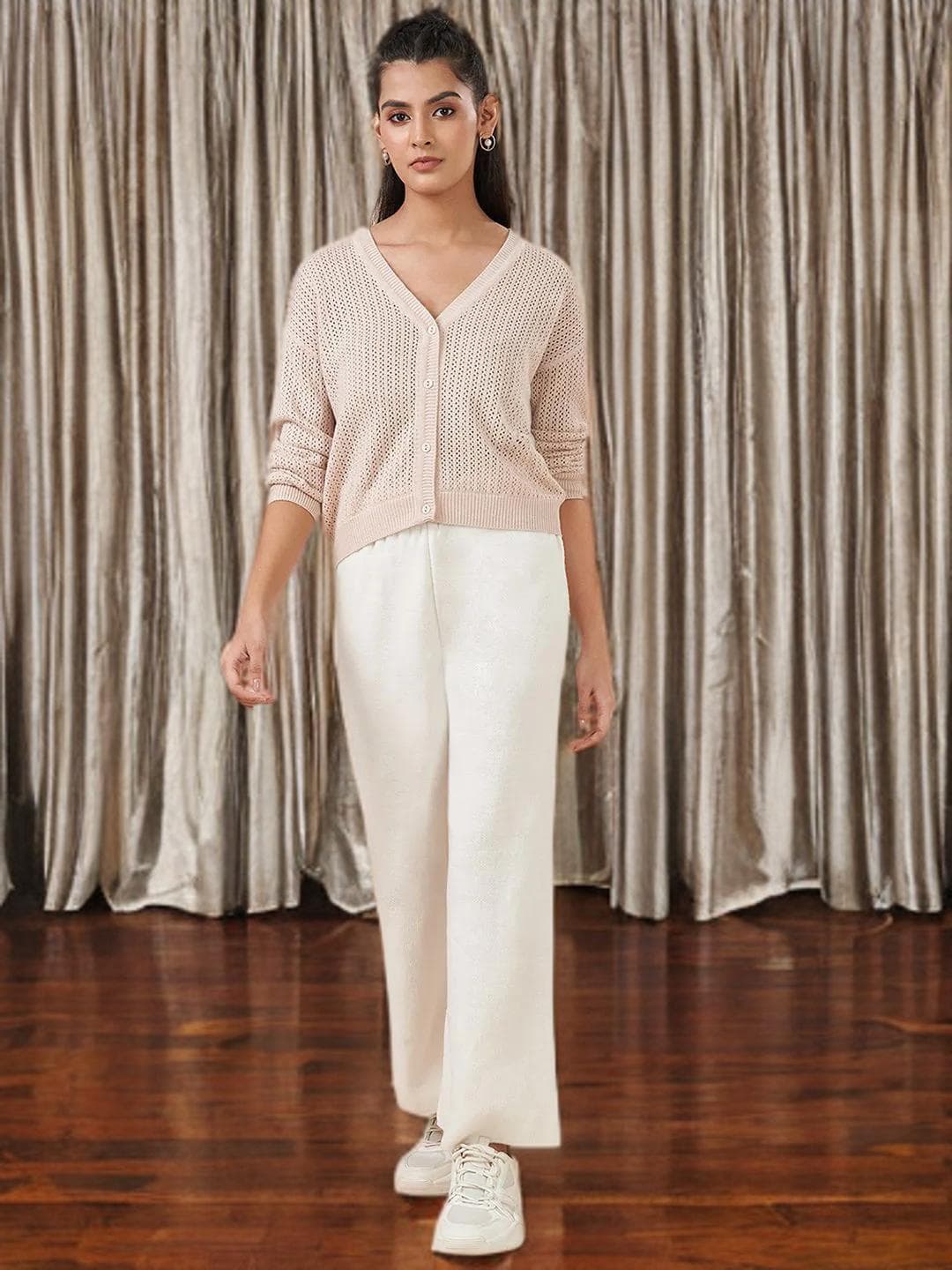 Beige Cardigan Cotton Blend Long Sleeve Wrap - image 4