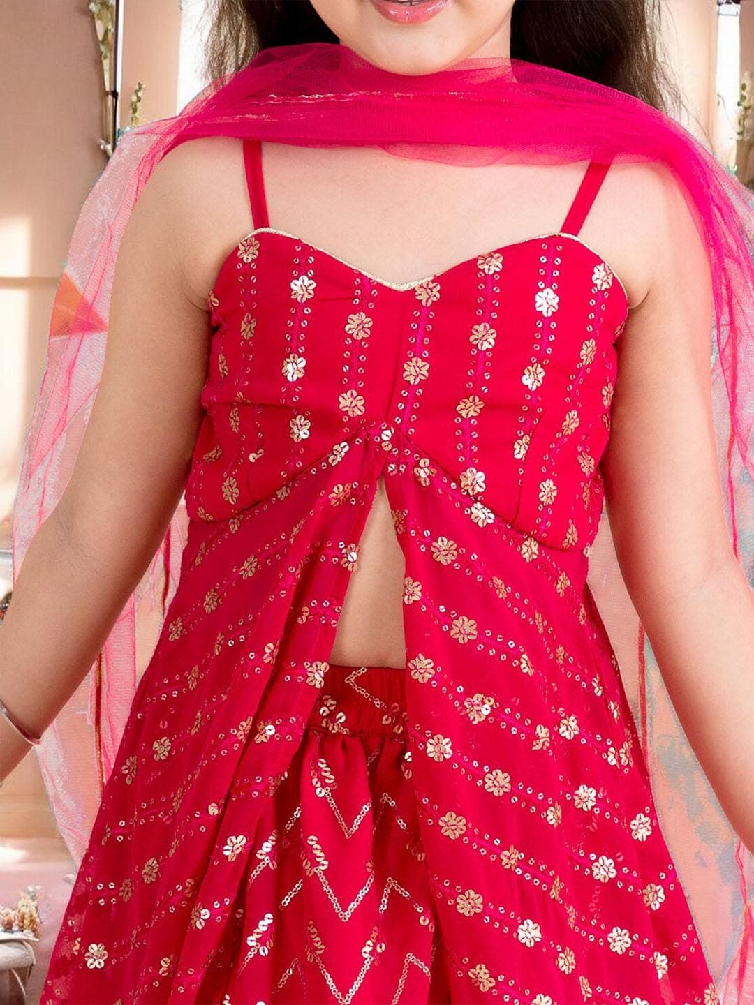 Girls Magenta Lehenga | Gold Sequinned Festive Set - image 4