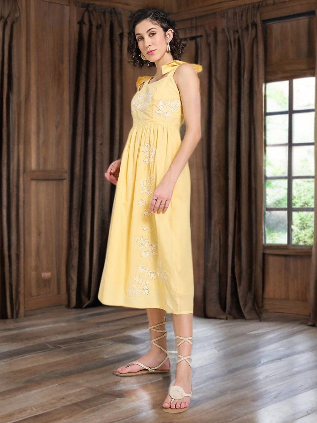 Beige Floral Dress Midi Wedding Guest Outfit - image 4
