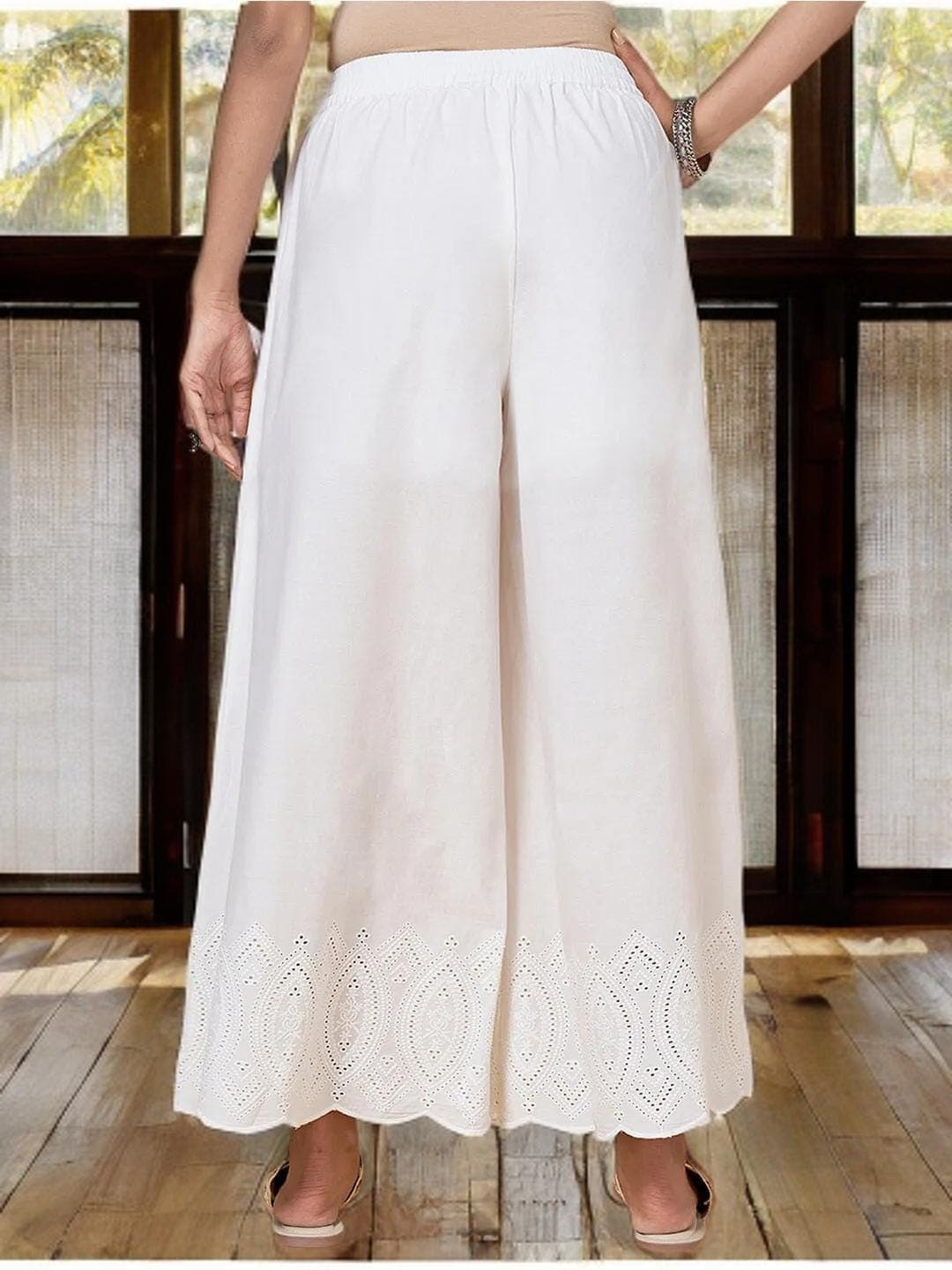 White Palazzos Indian Ethnic Floral Hem - image 5