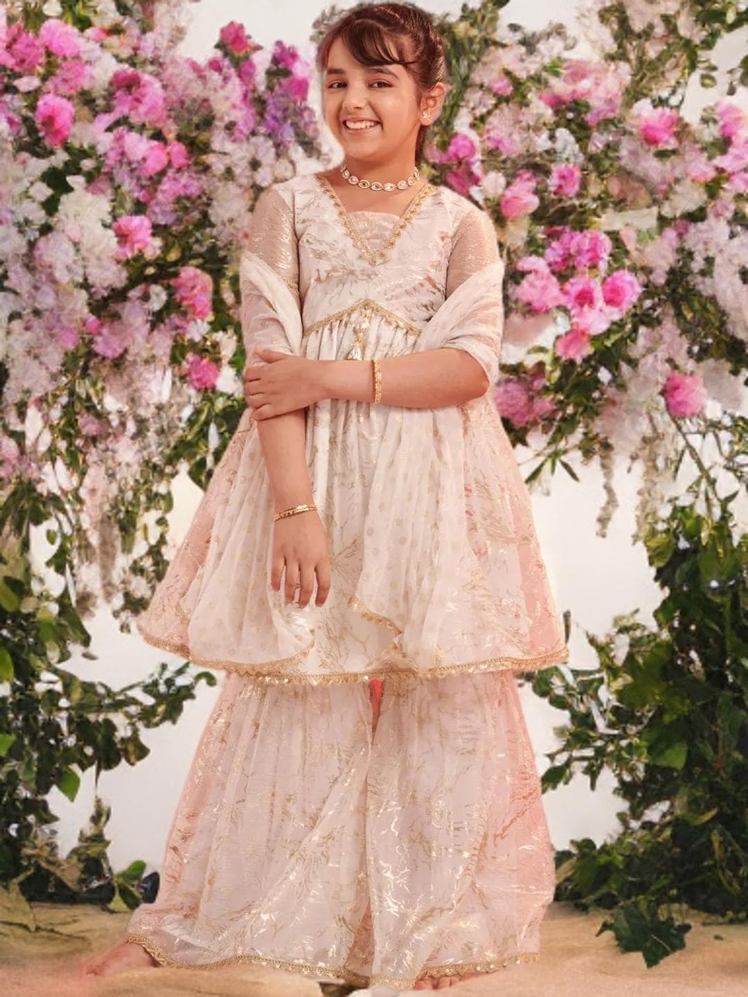 Girls Party Wear Set | White Sharara Kurta with Dupatta