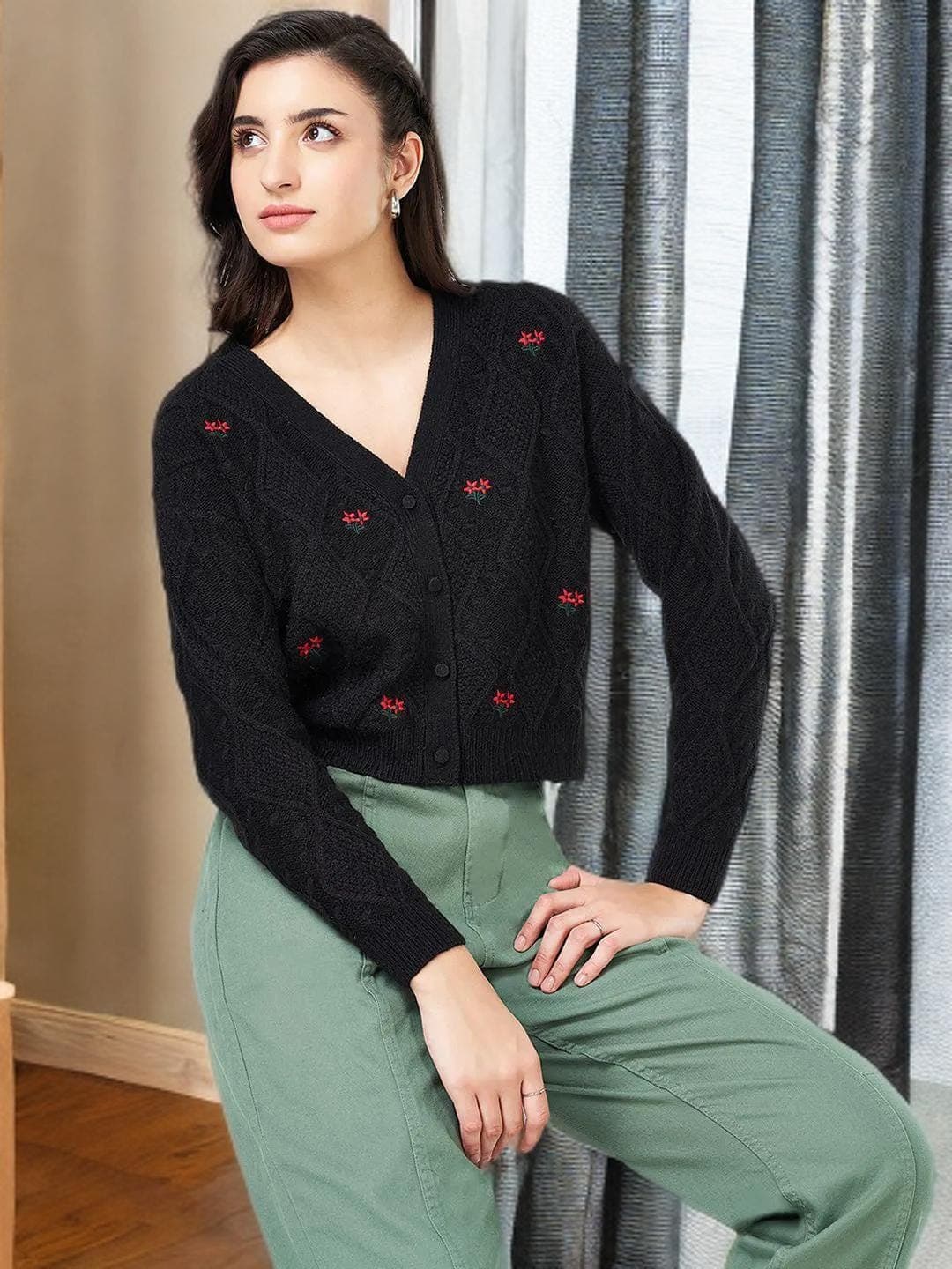 Black Cardigan Womens Button Front Long Sleeve - image 4