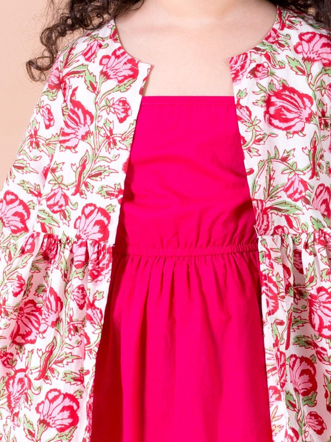 Girls Magenta Floral Dress | Cotton A Line with Shrug - image 5