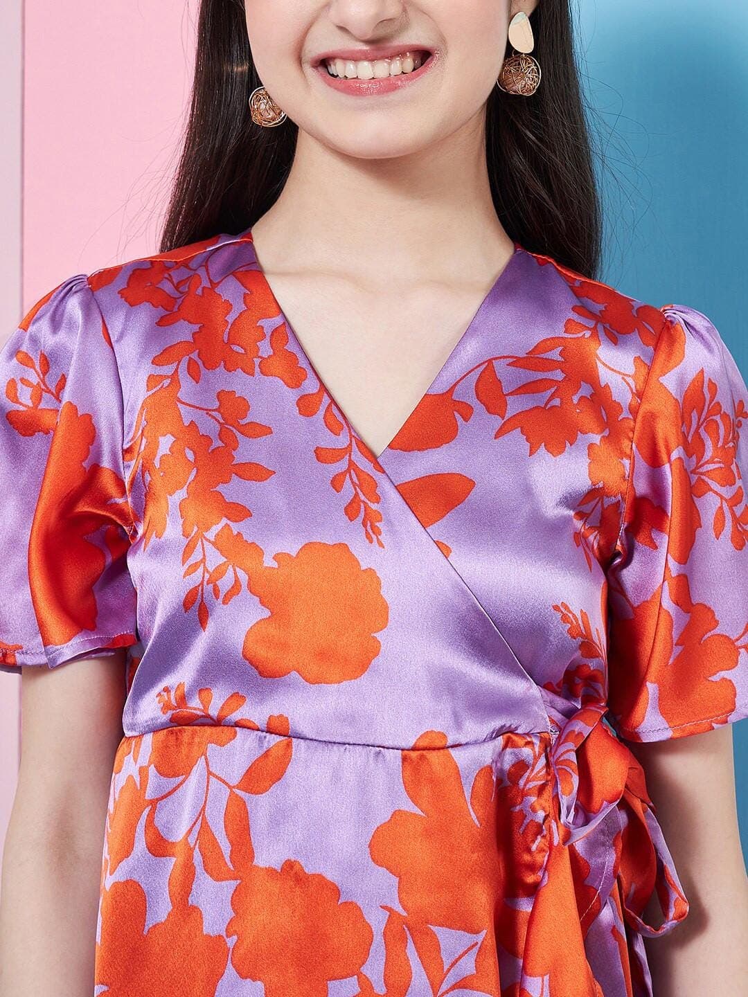 Girls Flutter Sleeve Dress | Purple Orange Floral Wrap - image 3