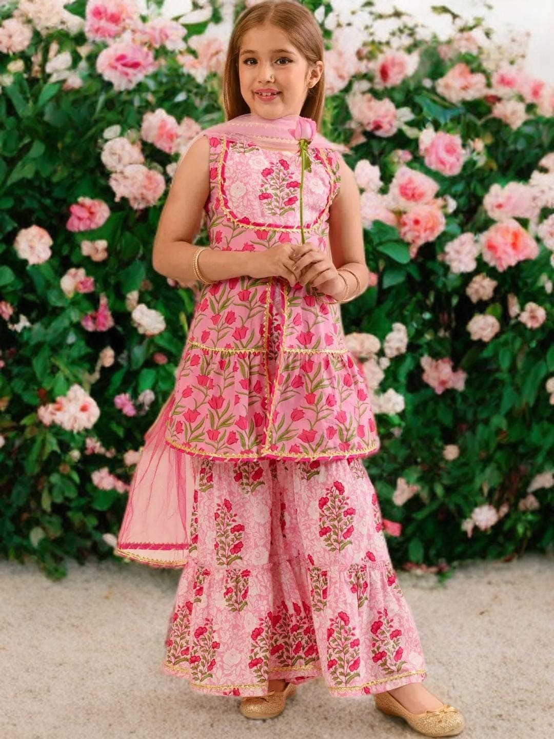 Girls Cotton Sharara Set | Pink Floral Gotta Patti Kurta