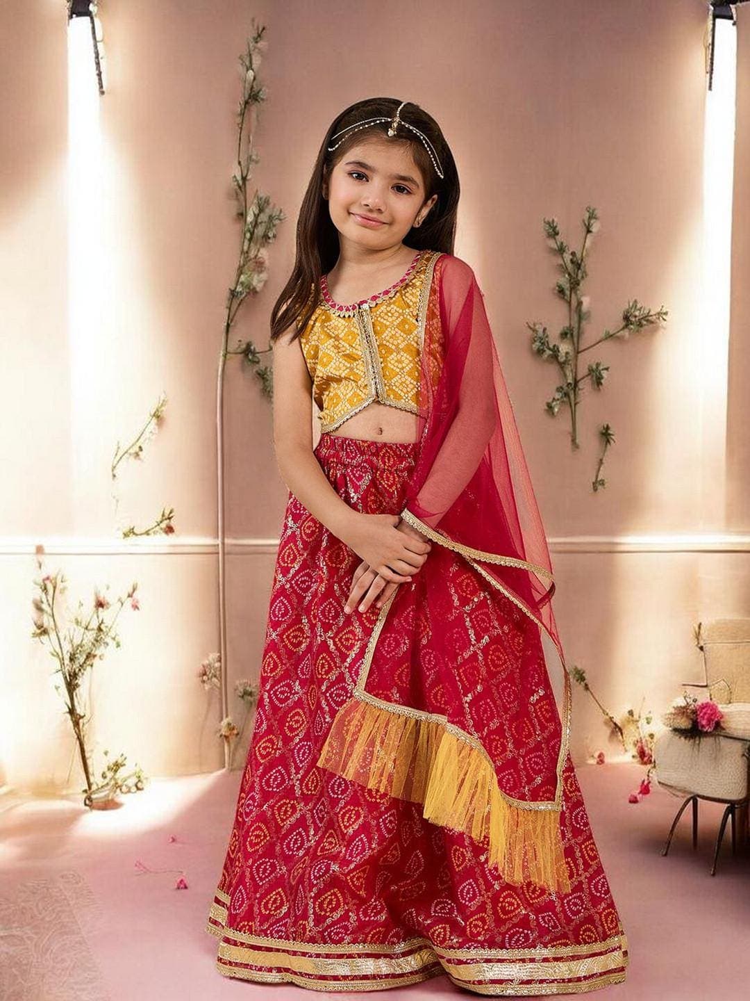 Girls Red Lehenga Set | White Floral Silk Blend Scarf - image 3