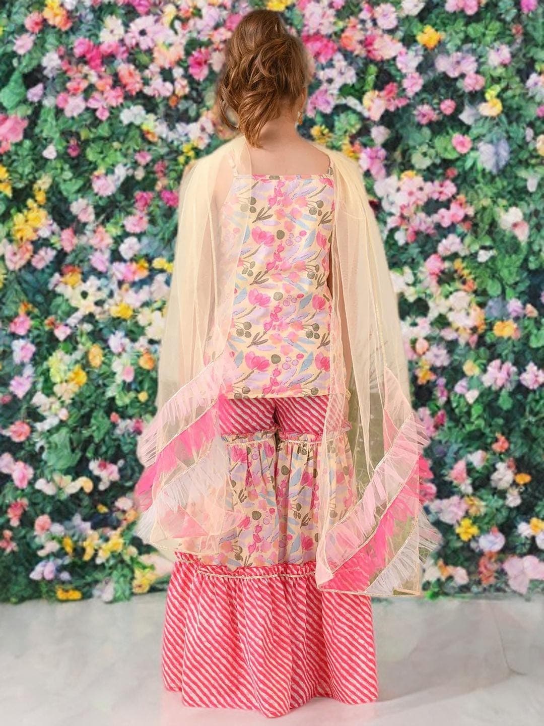 Girls Floral Sharara Set | Pink Cotton Kurta with Scarf - image 4