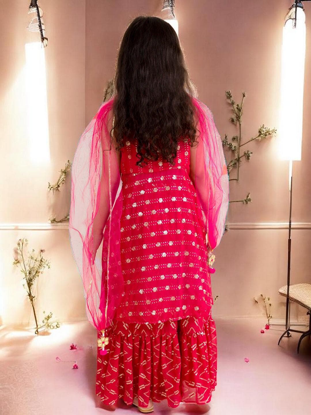 Girls Magenta Lehenga | Gold Sequinned Festive Set - image 5