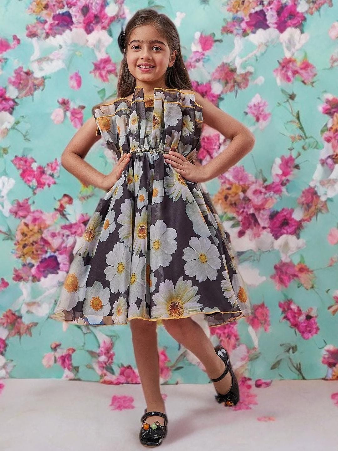 Girls Black Floral Dress | Fit & Flare Midi Party