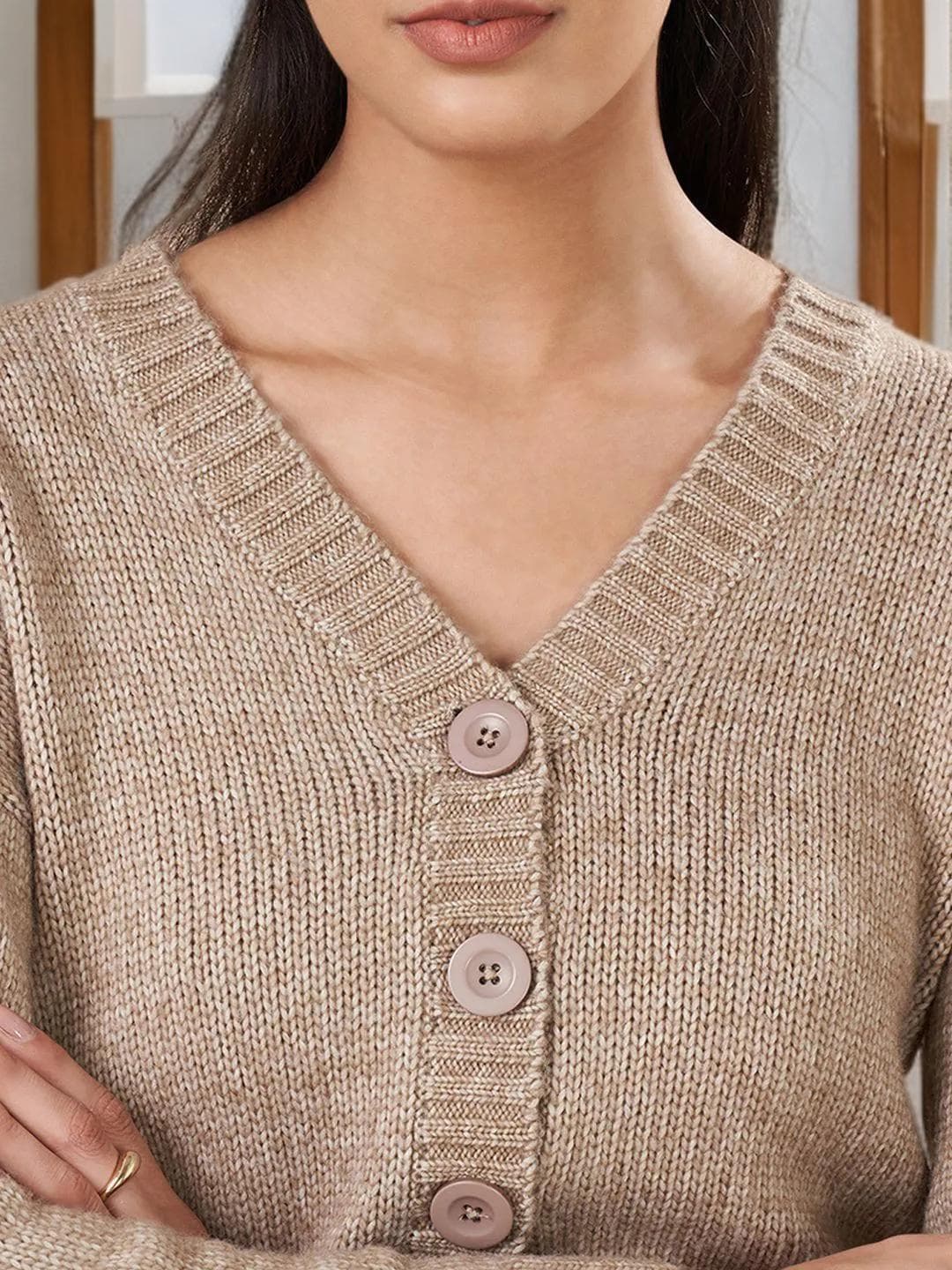Khaki Cardigan Womens Acrylic Long Sleeve Wrap - image 3