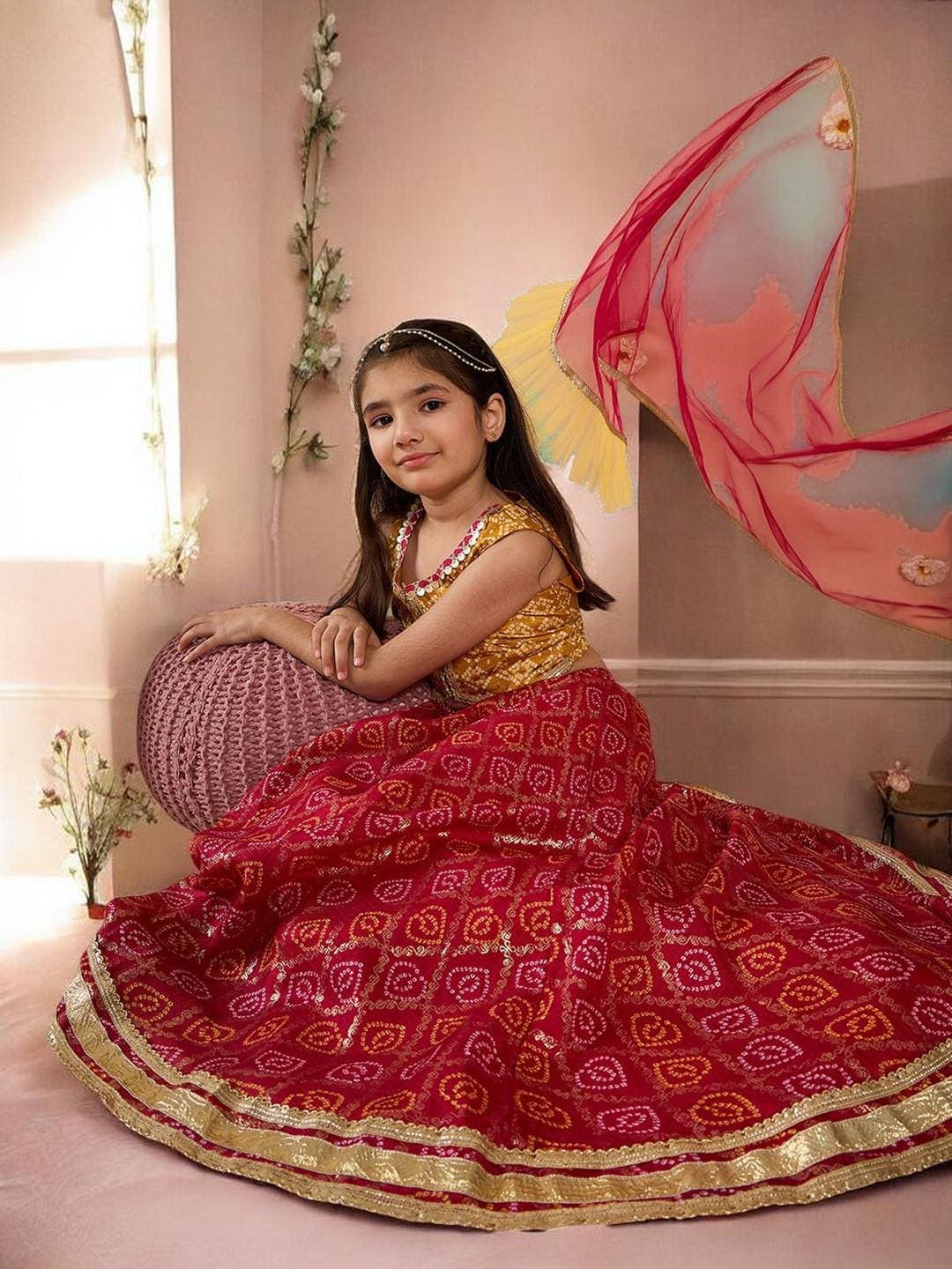 Girls Red Lehenga Set | White Floral Silk Blend Scarf