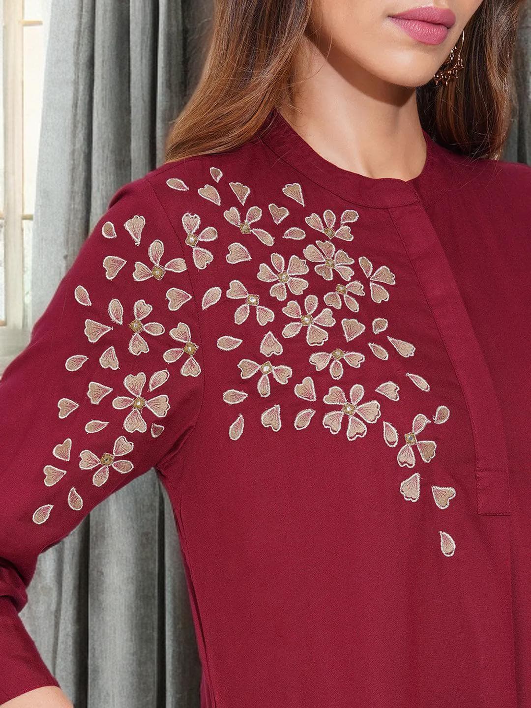 Maroon Kurta Embroidered Indian Festive Wear - image 3