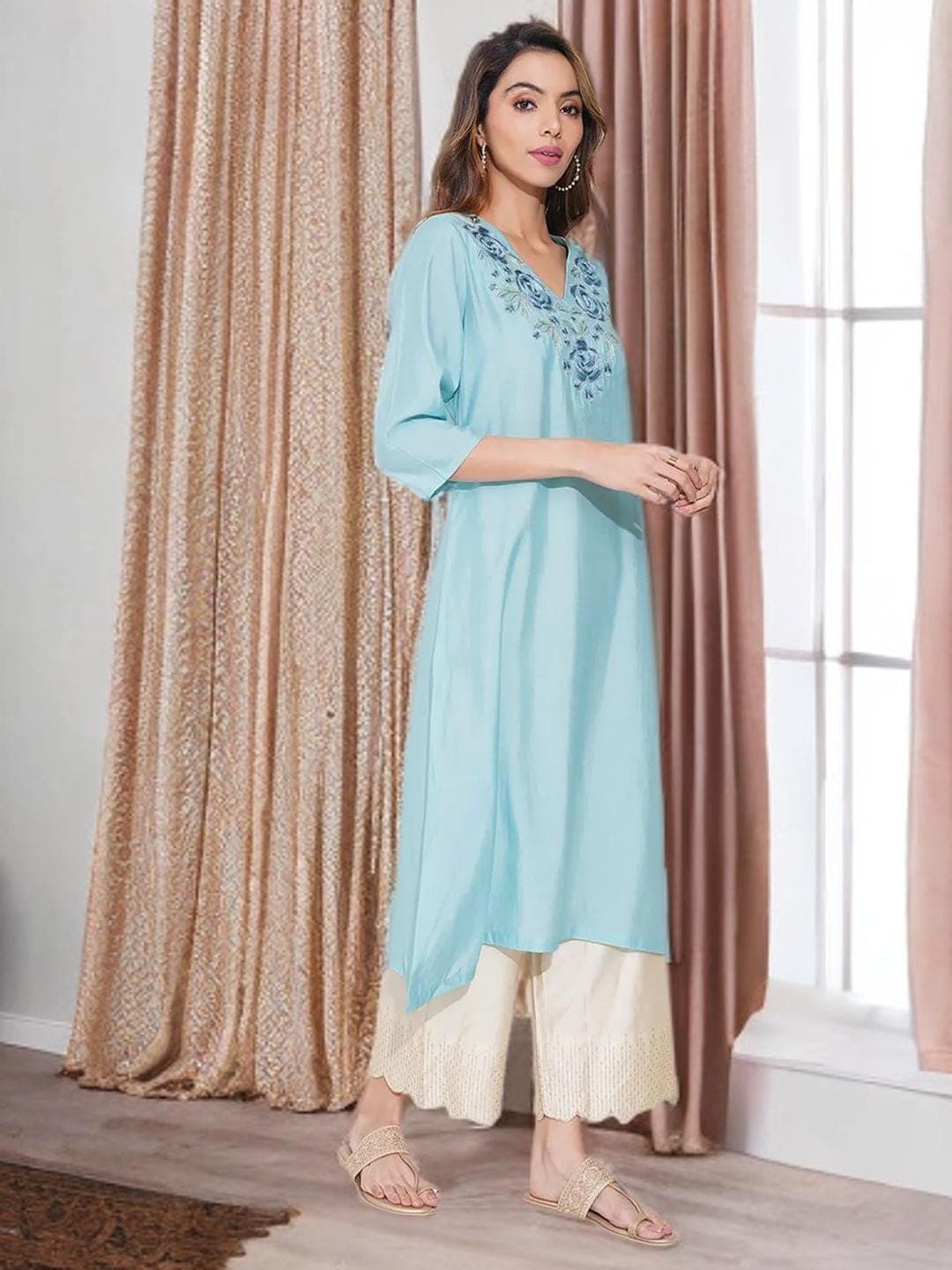 Blue Kurta Thread Work Indian Festive Wear - image 5