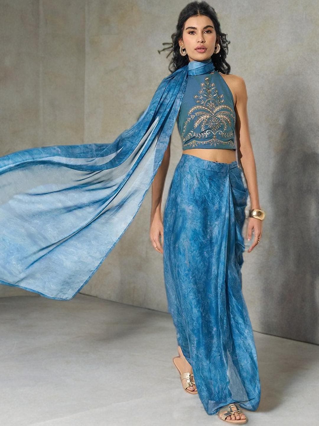 Blue Smocked Halter Crop Top, Ethnic Embroidery Mirror Work Blouse - image 3