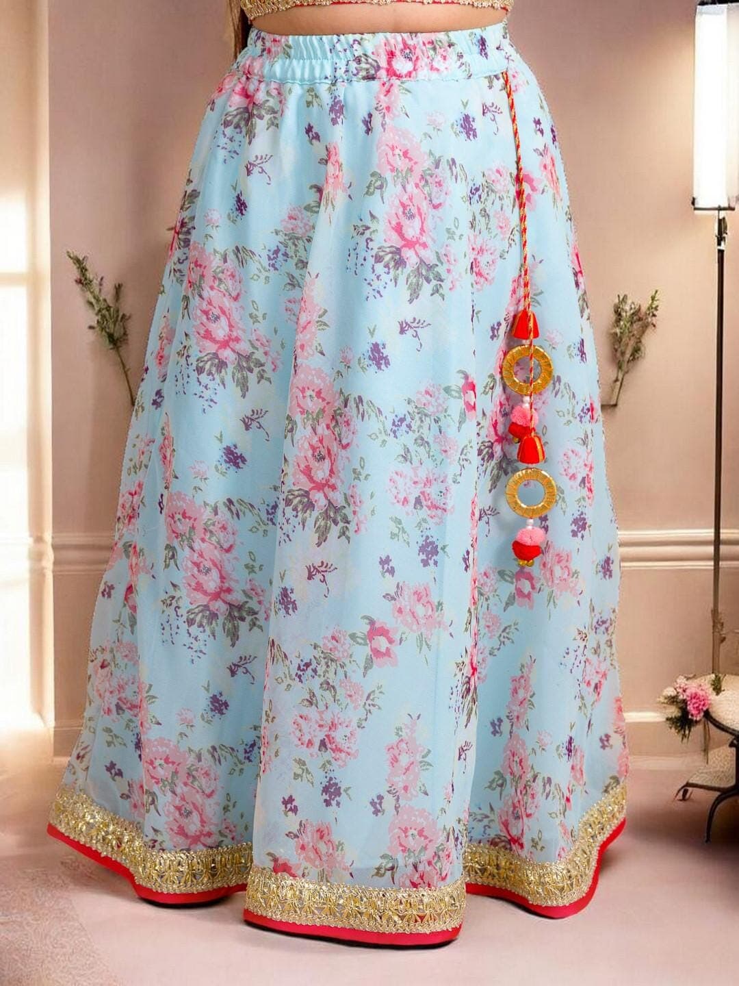 Girls Lehenga Set | Pink Blue Floral Choli with Scarf - image 4