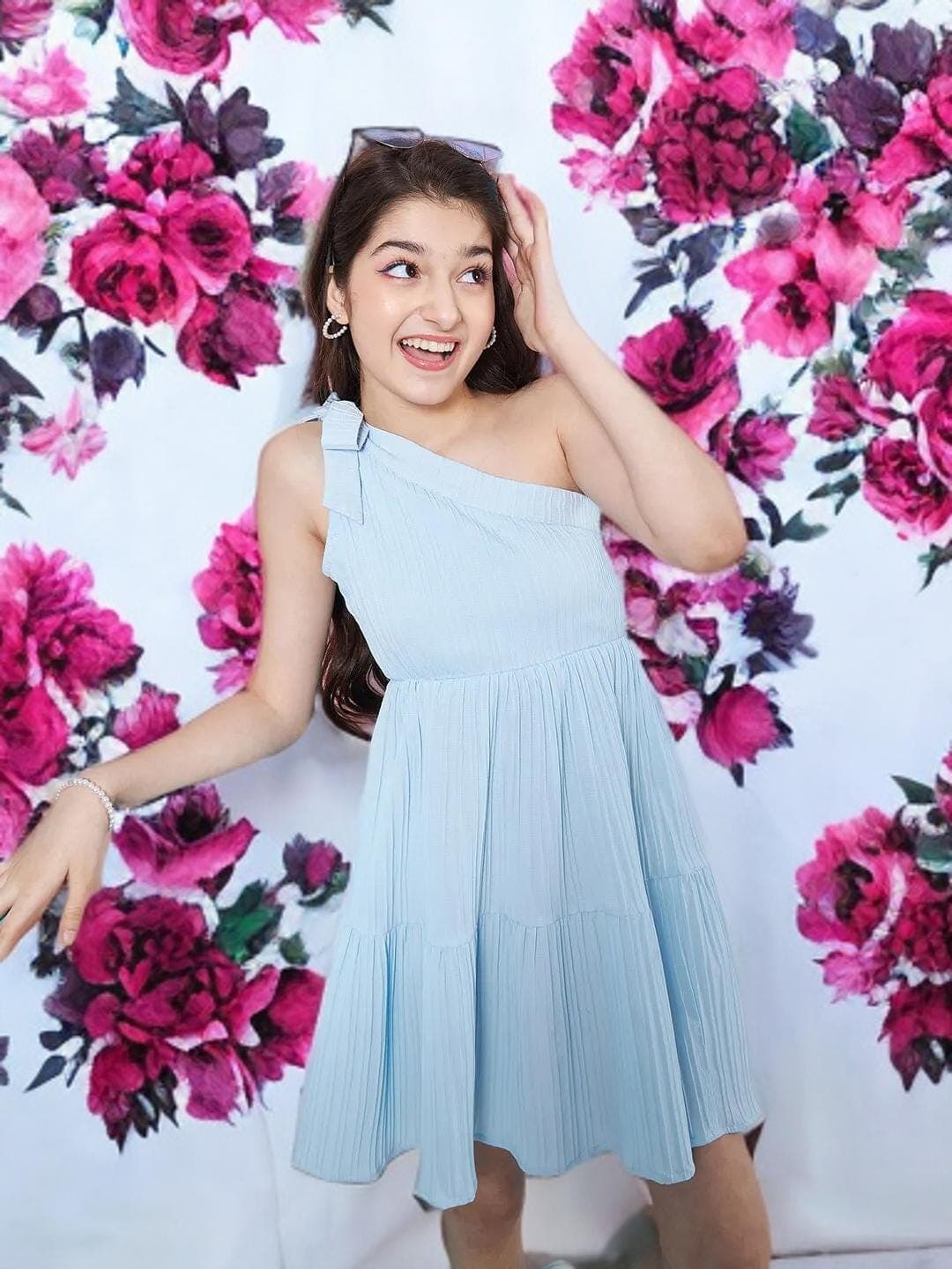 Girls One Shoulder Dress | Blue Striped Crepe Party