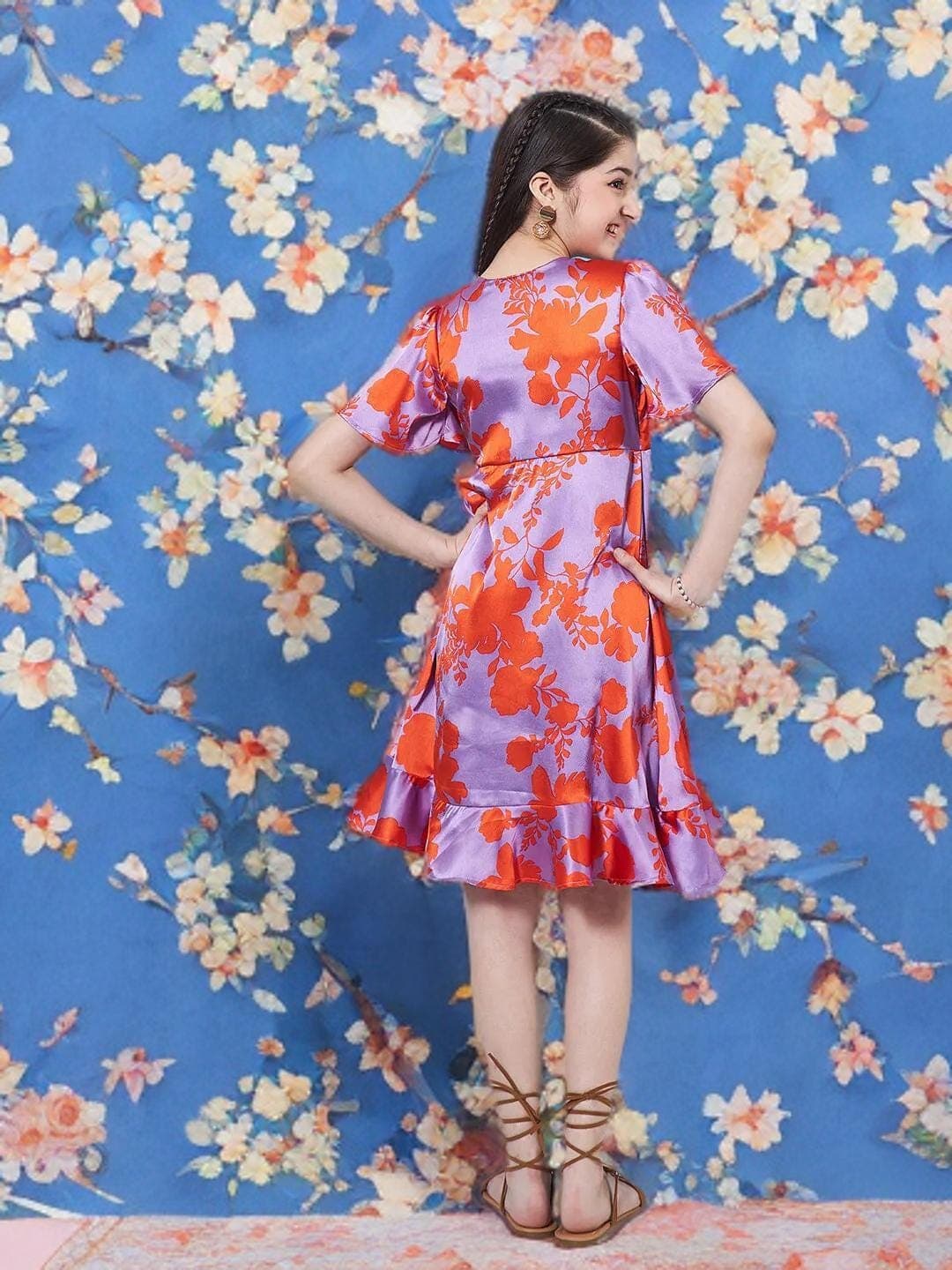 Girls Flutter Sleeve Dress | Purple Orange Floral Wrap - image 5