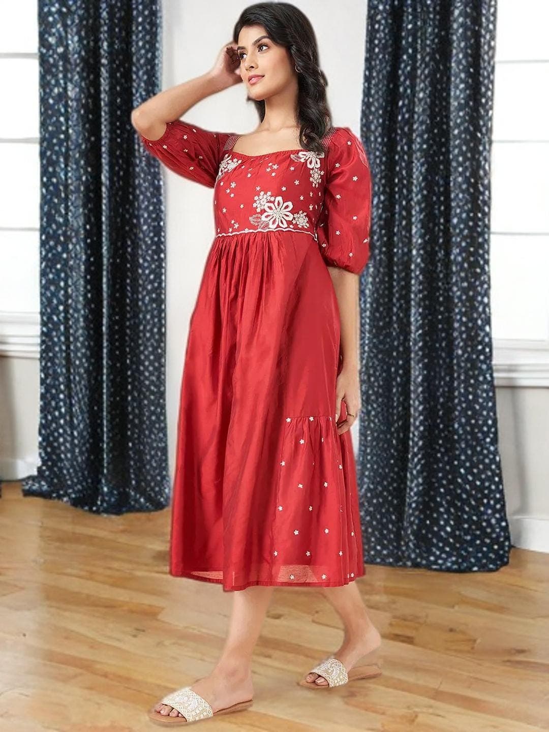 Red Embroidered Dress Evening Gown Wedding Guest - image 5