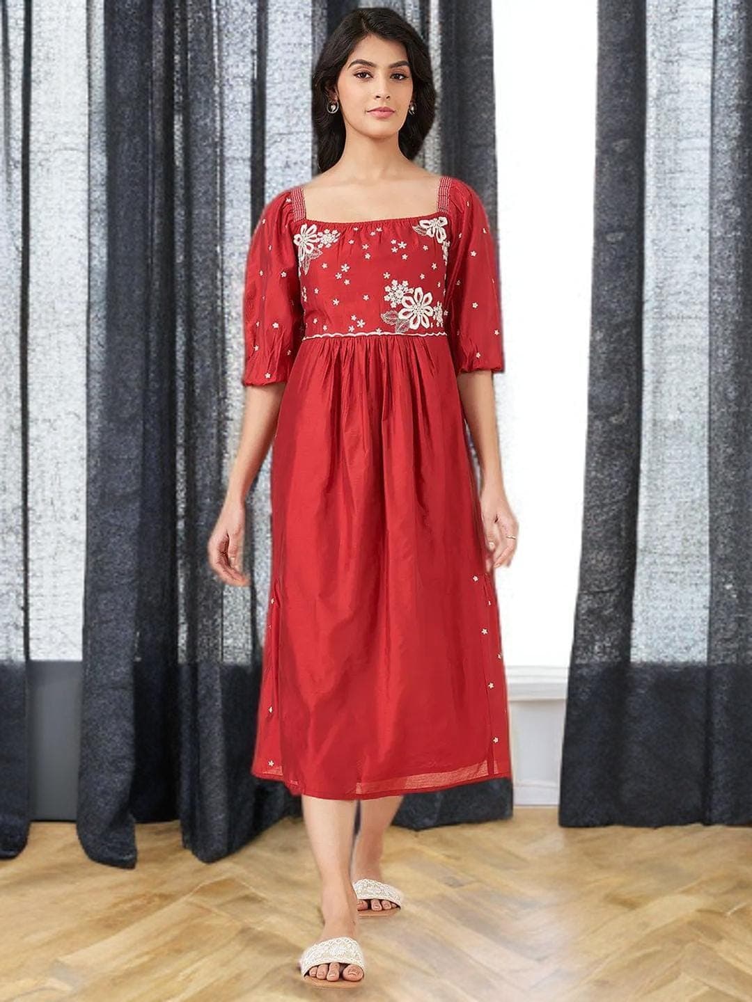 Red Embroidered Dress Evening Gown Wedding Guest