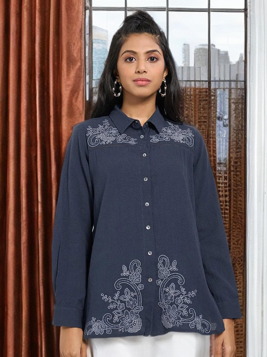 Dark Academia Tunic Embroidered Collar Top