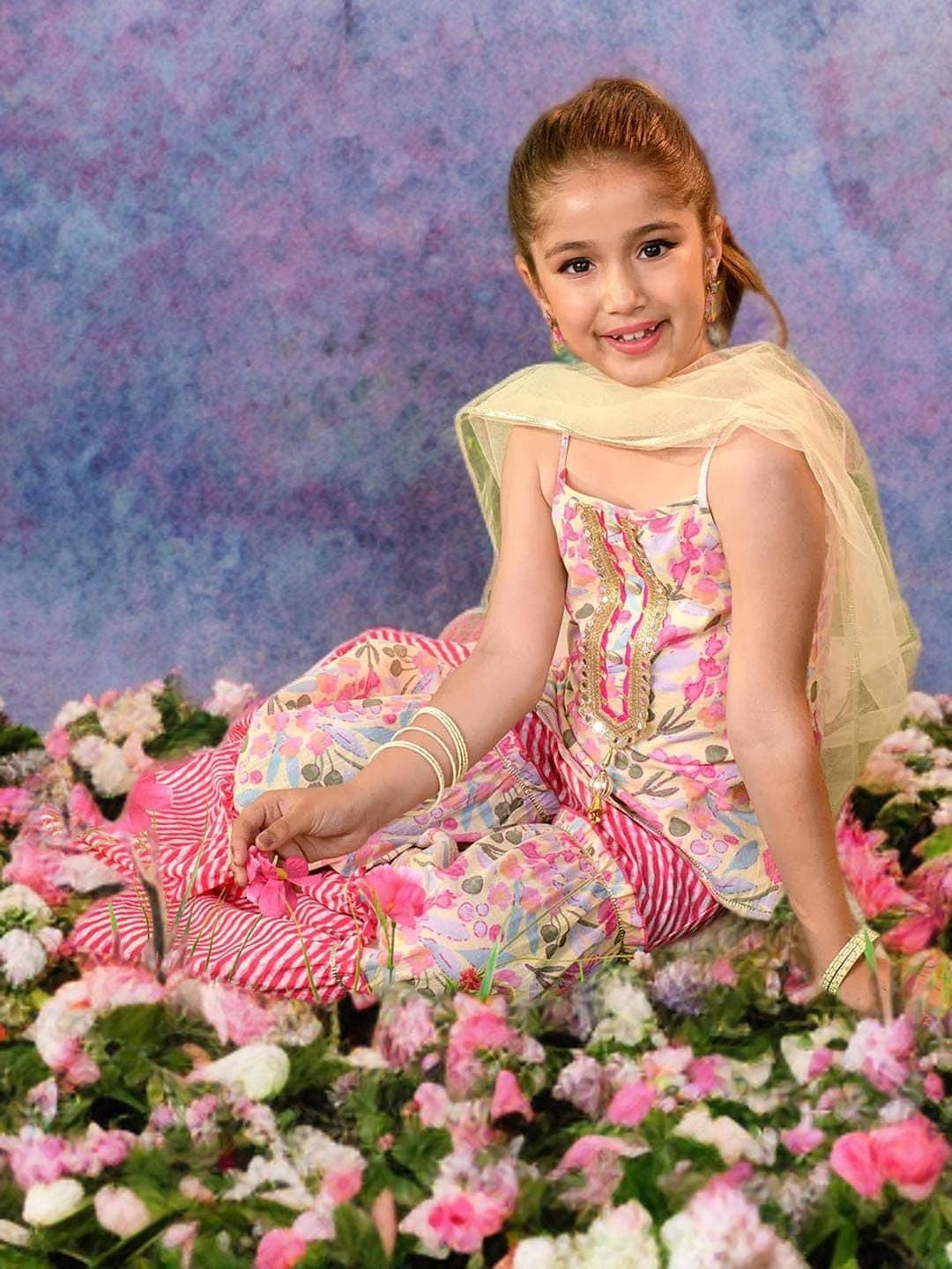 Girls Floral Sharara Set | Pink Cotton Kurta with Scarf - image 3