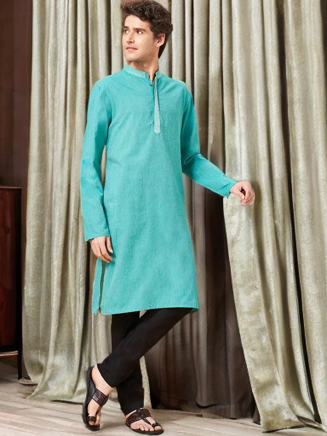 Green Kurta Mens Cotton Thread Work Tunic