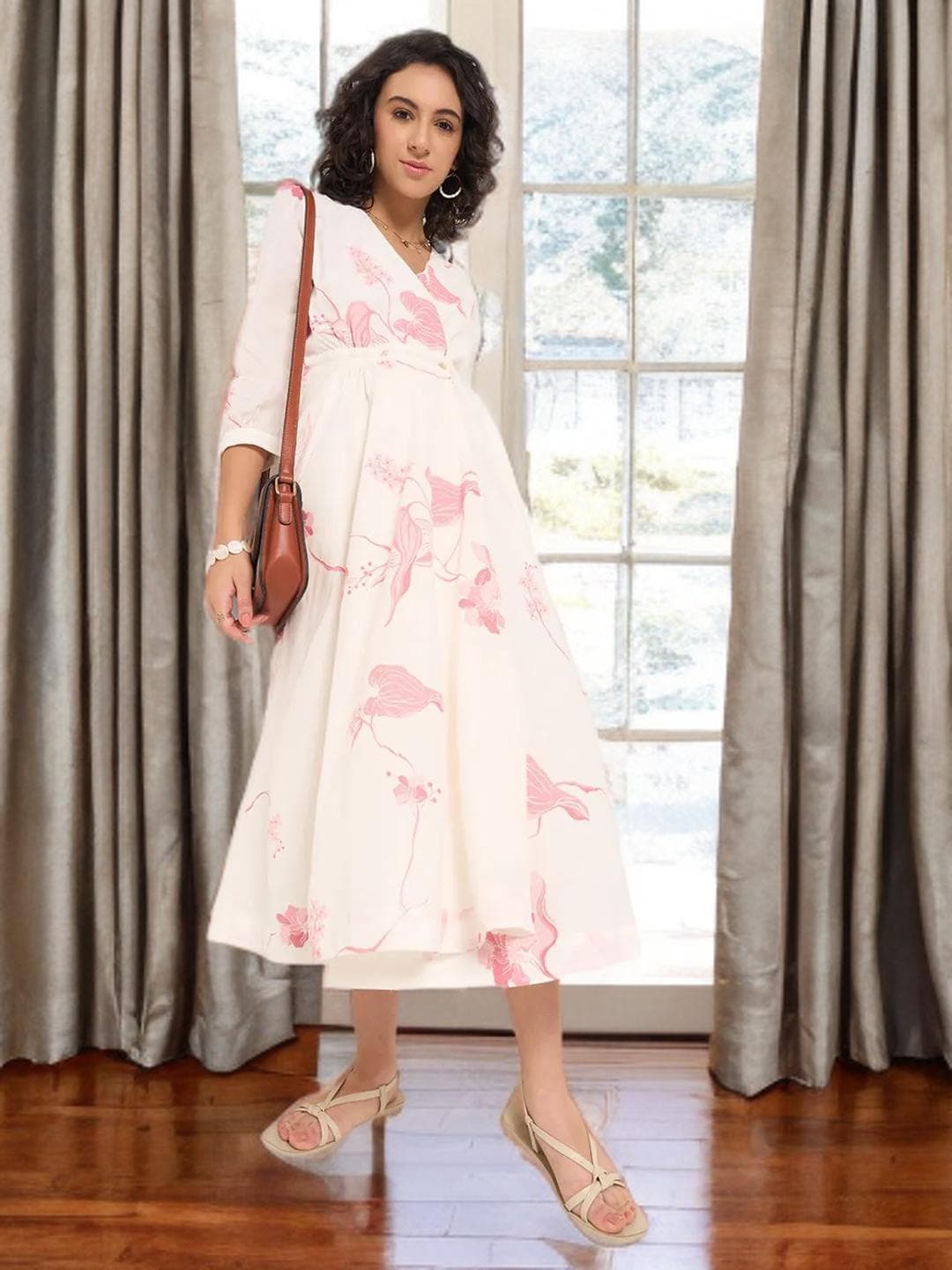 Floral Midi Dress Pink Cotton Wedding Guest - image 3