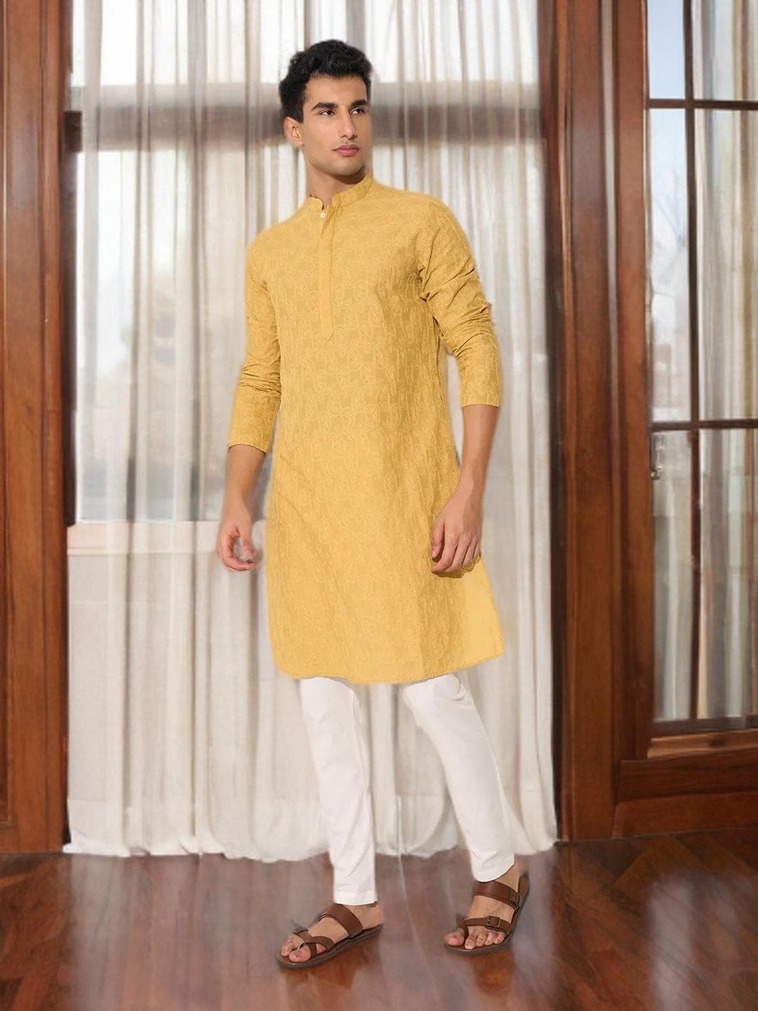 Wedding Guest Kurta | Mustard Embroidered Men's Kurta - image 5
