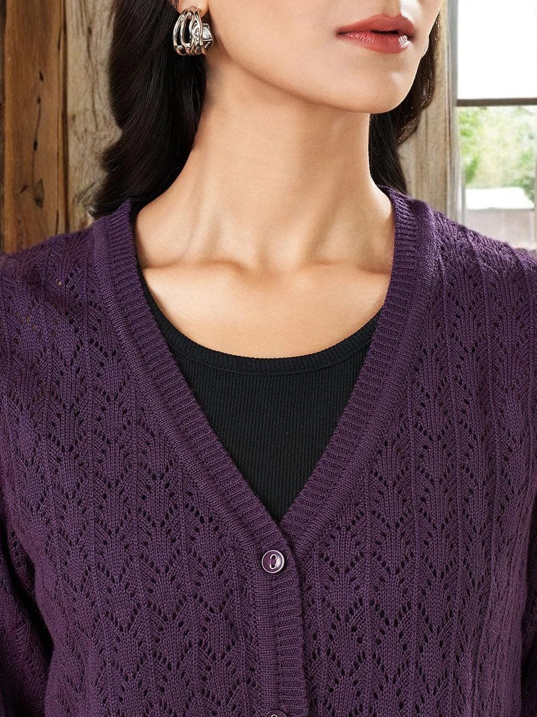 Purple Cardigan Womens Knitwear Button Front Wrap - image 3