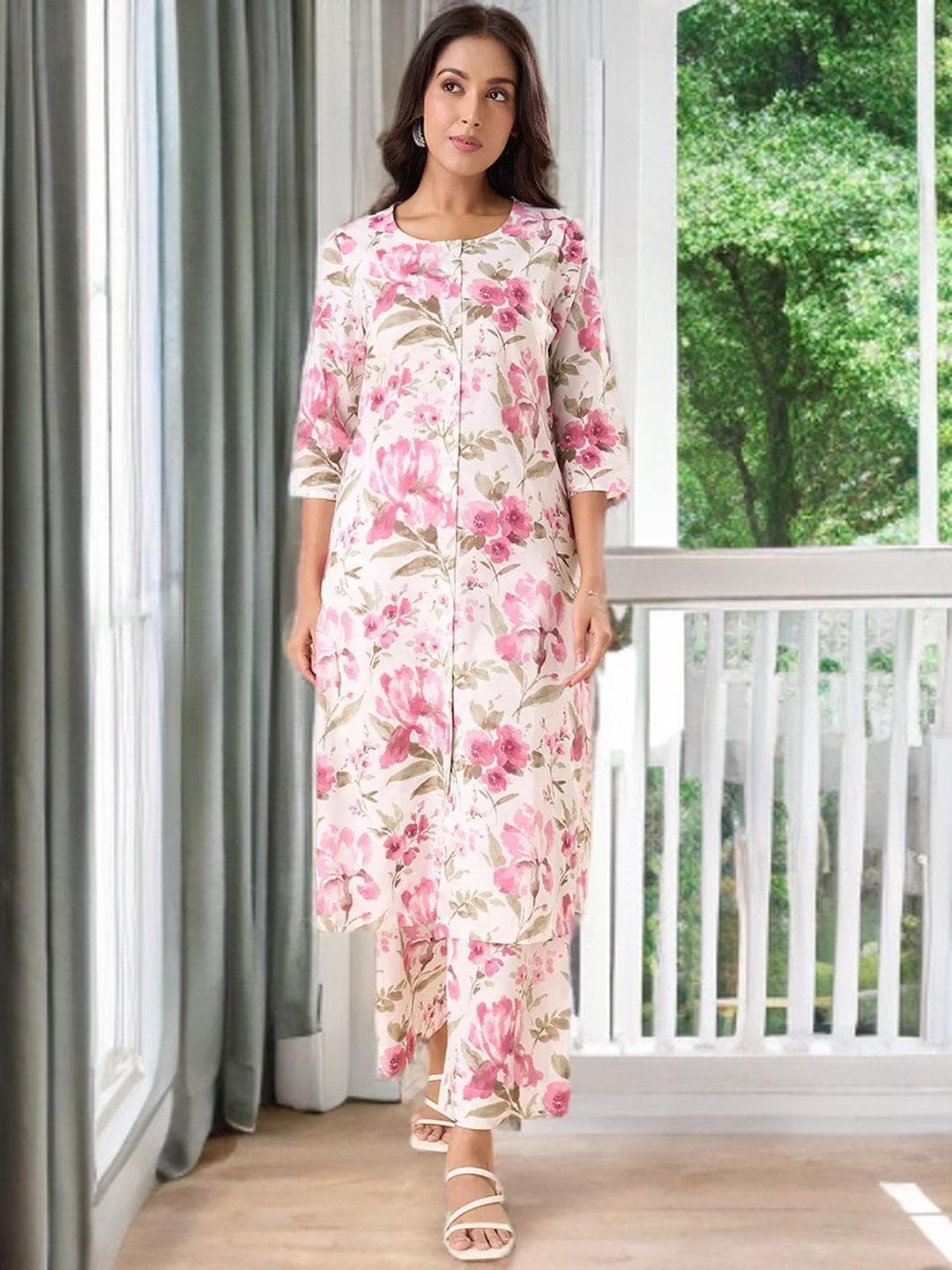 Pink Kurta Set Cotton Palazzos Indian Outfit - image 5