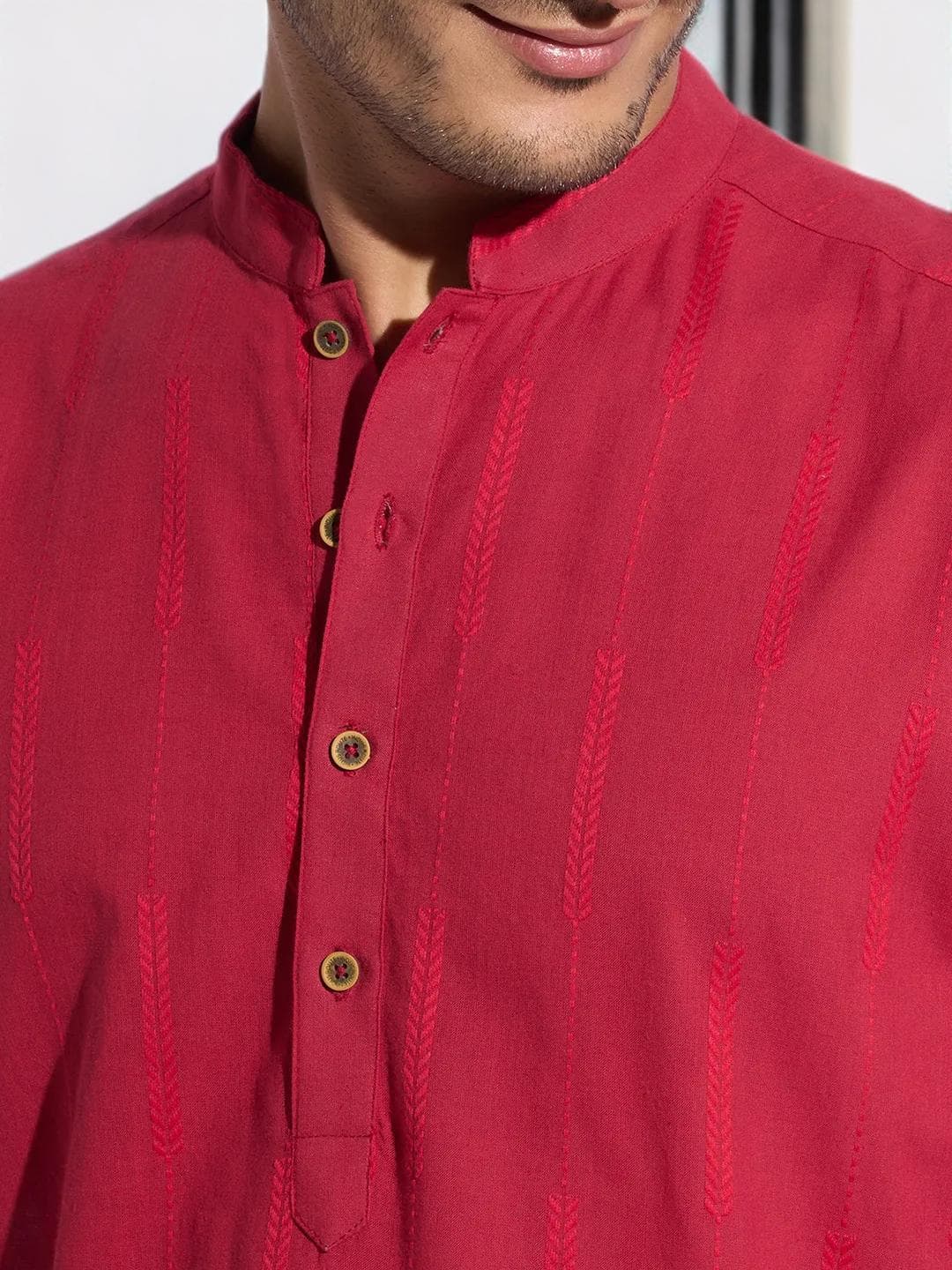 Red Cotton Kurta Mens Traditional Wedding Wear - image 3