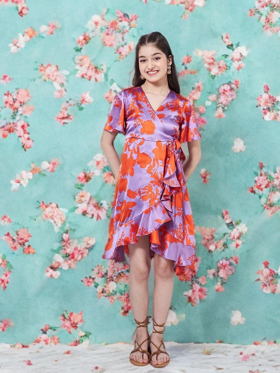 Girls Flutter Sleeve Dress | Purple Orange Floral Wrap