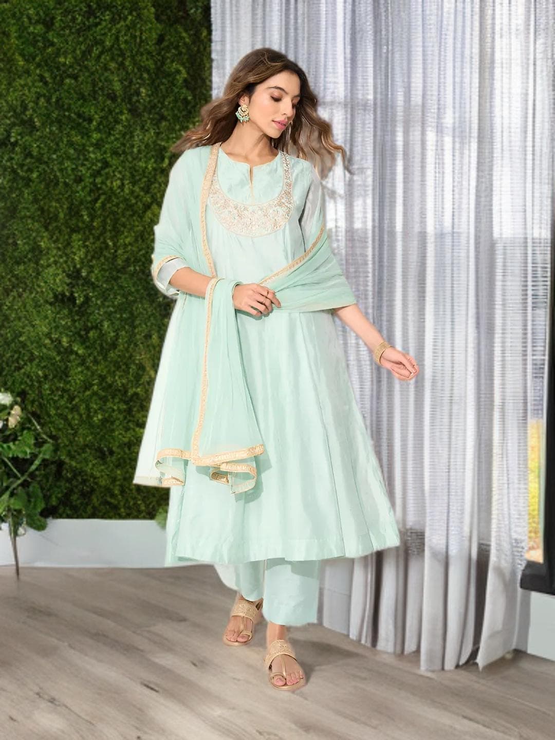 Sea Green Anarkali Suit Wedding Guest Outfit