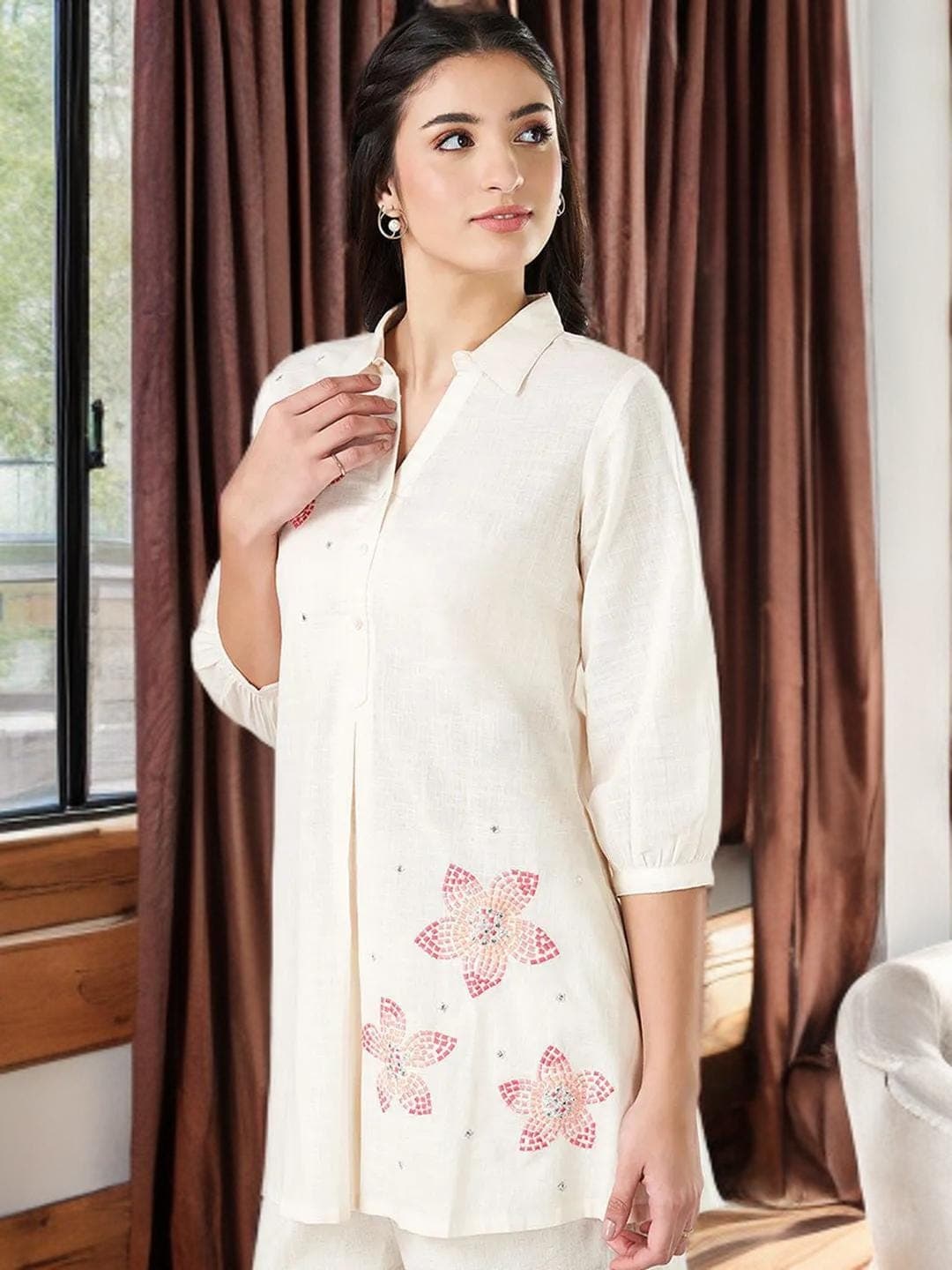 Clean Girl Tunic Minimalist Pink White Top - image 4