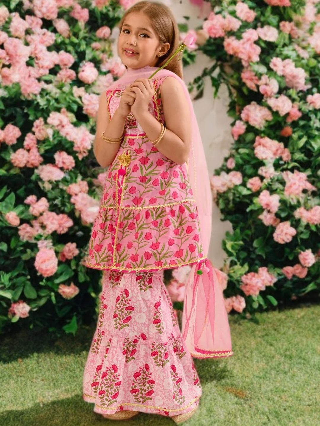 Girls Cotton Sharara Set | Pink Floral Gotta Patti Kurta - image 2