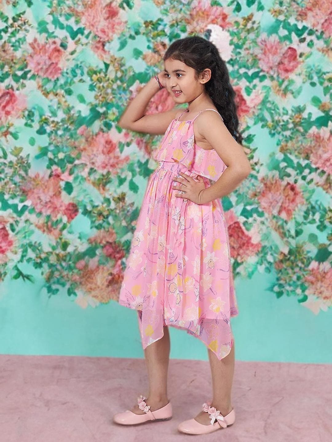 Girls Floral Empire Dress | Pink Chiffon Sleeveless Party - image 4