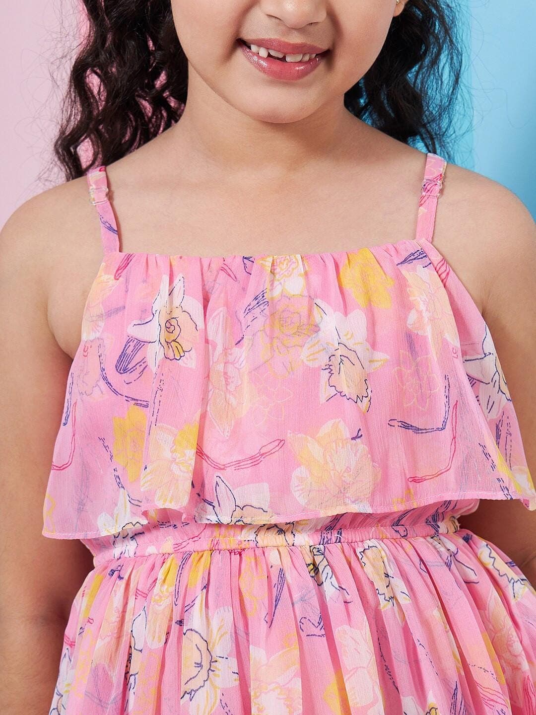 Girls Floral Empire Dress | Pink Chiffon Sleeveless Party - image 5