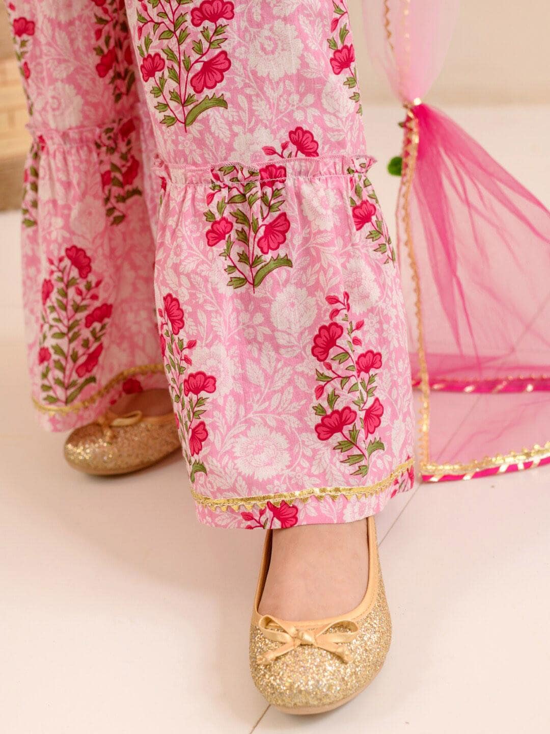 Girls Cotton Sharara Set | Pink Floral Gotta Patti Kurta - image 5